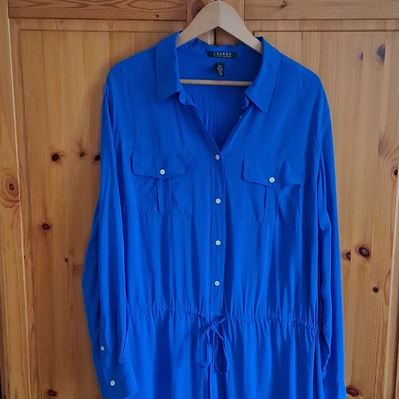 Lauren Ralph Lauren Vibrant Blue Preppy Long Sleeve Shirt Dress Plus Size 16 - Picture 3 of 7